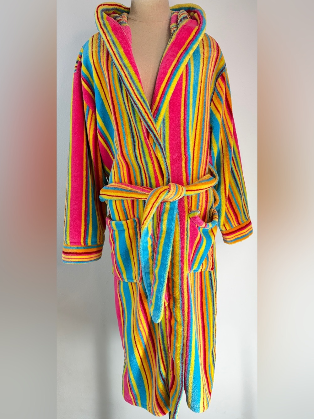 Vintage Y2K Alexander Del Rossa Cozy‎ Fleece Candy Striped Robe Belted Pockets